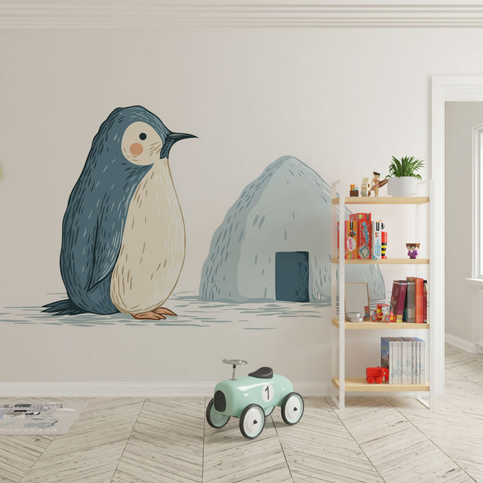 Une chambre d'enfant avec un papier peint illustrant un pingouin stylisé et un igloo, créant une ambiance ludique et chaleureuse.