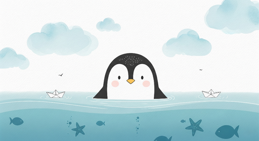 Papier peint pingouin Un pingouin espiègle flottant dans une mer bleue douce