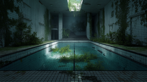 Papier peint piscine abandonnée Ambiance mystérieuse avec végétation luxuriante