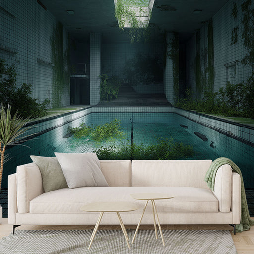 Une pièce moderne avec un papier peint représentant une piscine abandonnée, entourée de végétation luxuriante, créant une atmosphère mystérieuse et apaisante.