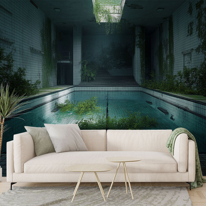 Une pièce moderne avec un papier peint représentant une piscine abandonnée, entourée de végétation luxuriante, créant une atmosphère mystérieuse et apaisante.