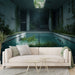 Une pièce moderne avec un papier peint représentant une piscine abandonnée, entourée de végétation luxuriante, créant une atmosphère mystérieuse et apaisante.