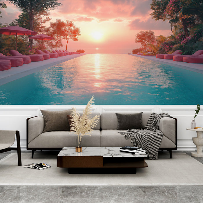 Une pièce moderne avec un papier peint représentant un paysage tropical au coucher de soleil, évoquant une atmosphère relaxante et estivale.