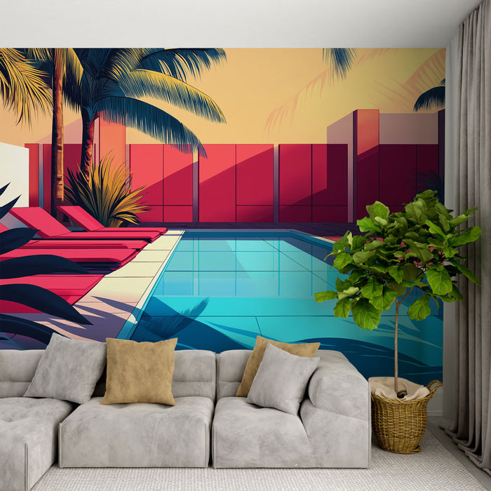 Une pièce moderne avec un papier peint tropical représentant une piscine entourée de palmiers et de transats rouges, dégageant une ambiance estivale et relaxante.