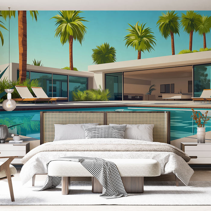 Une chambre moderne avec un papier peint représentant une villa ensoleillée, entourée de palmiers et d'une piscine, évoquant une atmosphère estivale et relaxante.