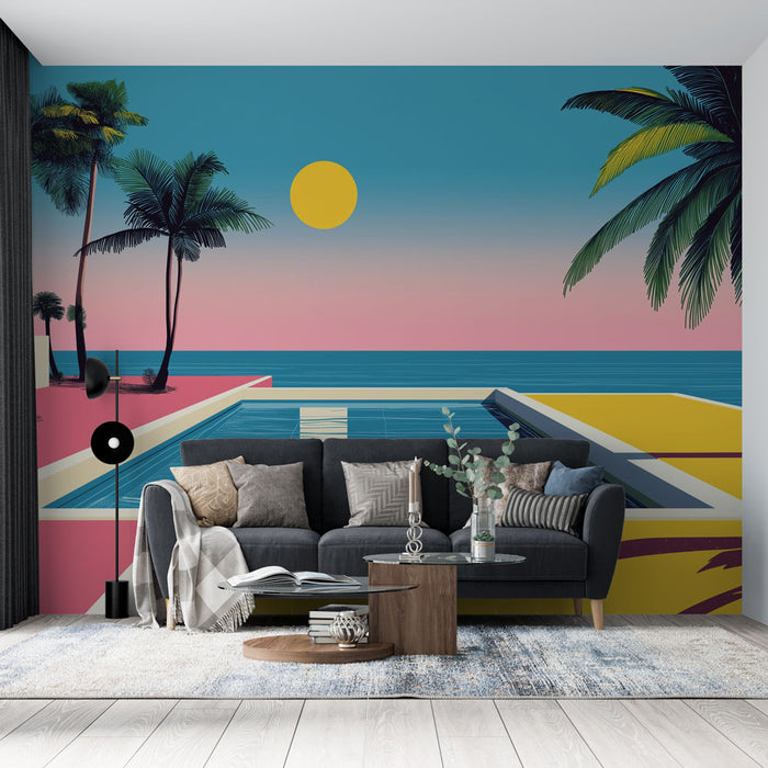 Un salon contemporain avec un papier peint tropical représentant une vue de bord de mer stylisée, mêlant des teintes de bleu, rose et jaune, évoquant une atmosphère estivale et relaxante.