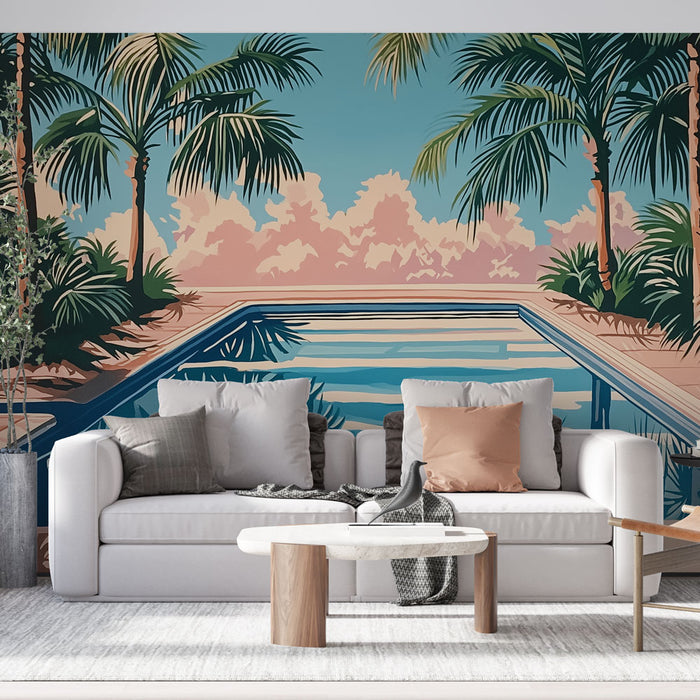 Un salon contemporain avec un papier peint tropical représentant une piscine entourée de palmiers sur fond pastel, créant une ambiance estivale et relaxante.