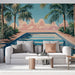 Un salon contemporain avec un papier peint tropical représentant une piscine entourée de palmiers sur fond pastel, créant une ambiance estivale et relaxante.