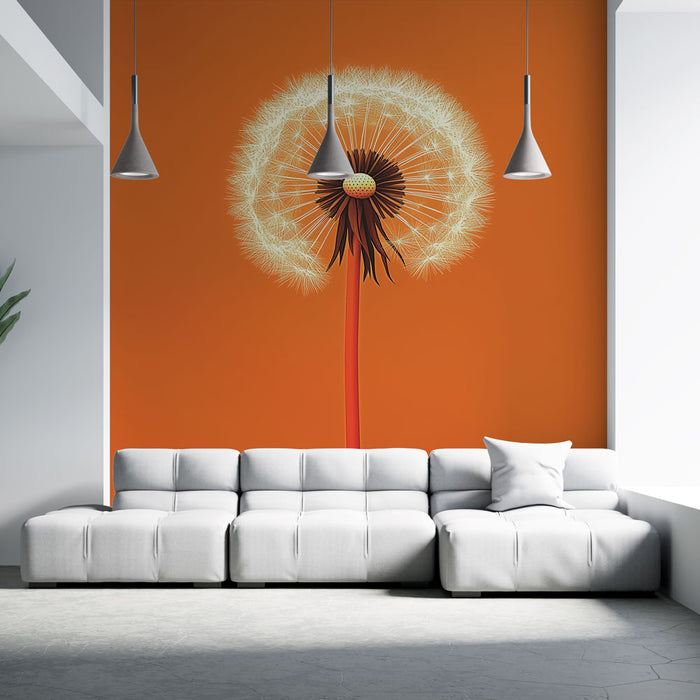 Papier peint design pissenlit stylisé sur fond orange éclatant pour salon moderne
