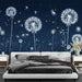 Papier peint chambre adulte avec pissenlits lumineux sur fond sombre pour décoration murale élégante.