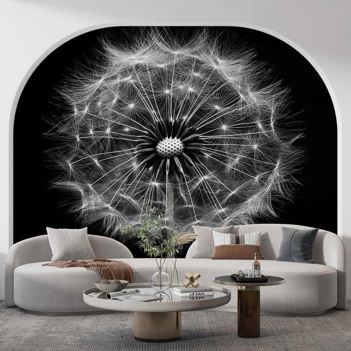 Papier peint design abstrait noir et blanc avec motif de pissenlit pour salon moderne