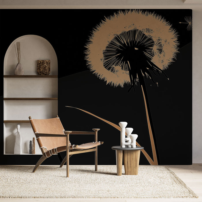Papier peint design moderne avec motif de pissenlit doré sur fond noir pour salon élégant