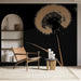 Papier peint design moderne avec motif de pissenlit doré sur fond noir pour salon élégant
