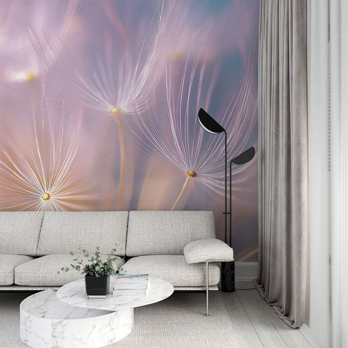 Papier peint pissenlit avec éléments aériens en couleurs pastel pour salon moderne