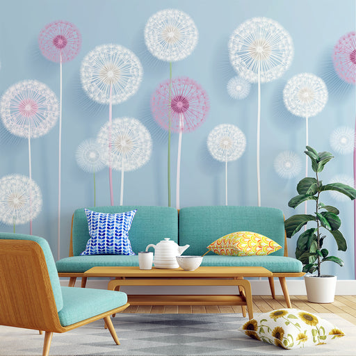 Papier peint pissenlit avec fleurs délicates sur fond bleu pour salon moderne