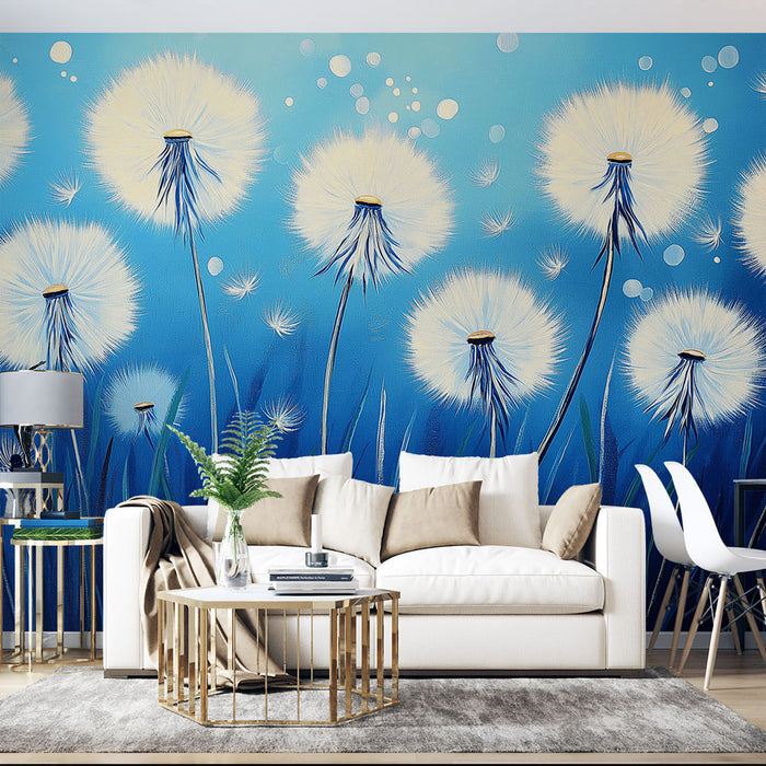 Papier peint pissenlit avec fleurs de pissenlit sur fond bleu apaisant pour salon moderne.