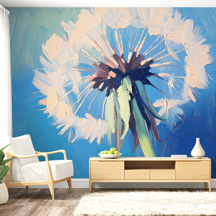Papier peint artistique pissenlit avec fond bleu pour salon moderne