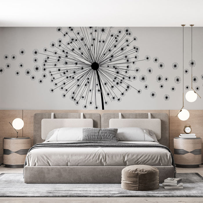 Papier peint abstrait noir et blanc avec motif de pissenlit pour chambre moderne.