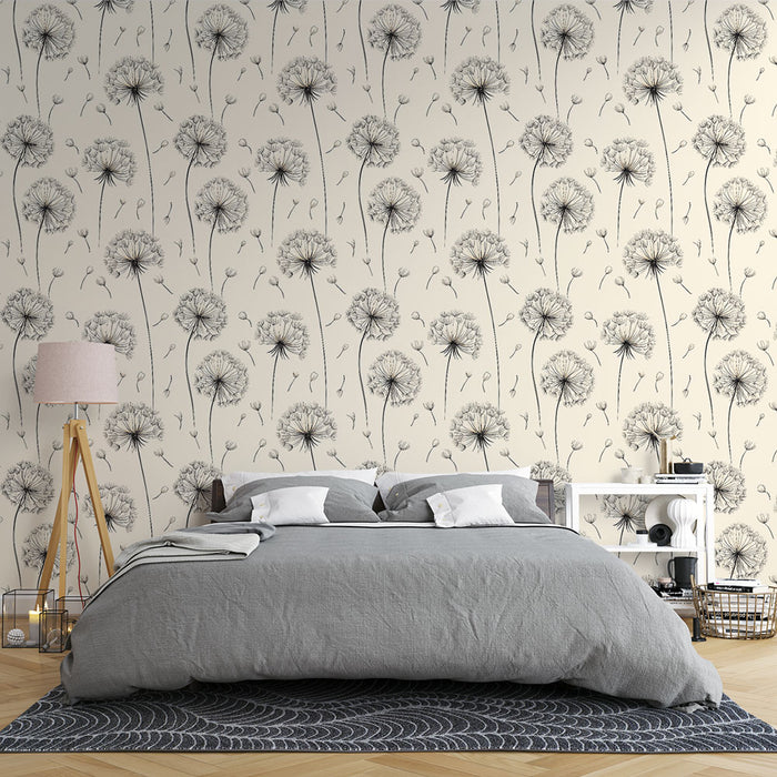 Une chambre apaisante avec un papier peint floral représentant des pissenlits en noir sur fond crème, créant une atmosphère douce et naturelle.