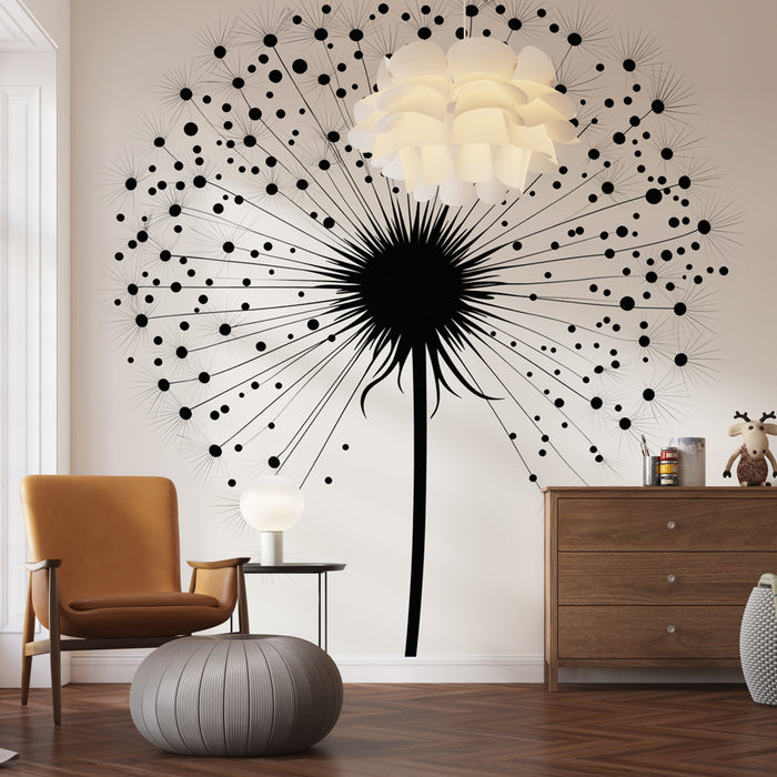 Papier peint graphique noir avec motif de pissenlit stylisé pour salon moderne