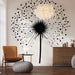 Papier peint graphique noir avec motif de pissenlit stylisé pour salon moderne