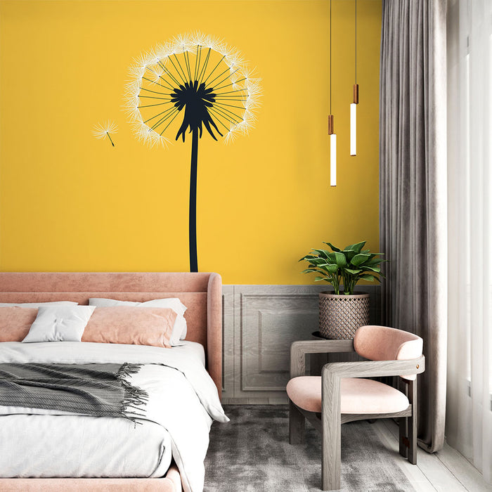 Papier peint minimaliste pissenlit noir sur fond jaune pour décoration de chambre moderne