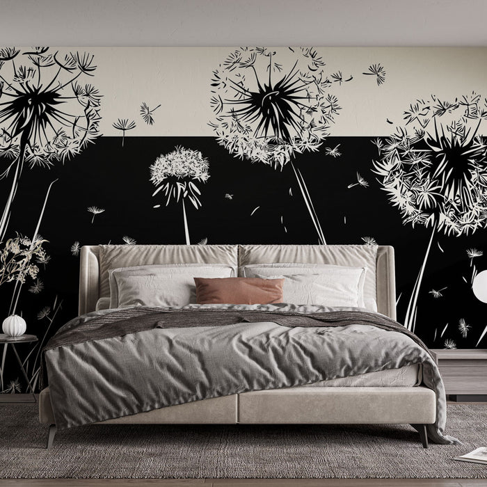 Papier peint minimaliste noir et blanc avec motif de pissenlits pour chambre moderne