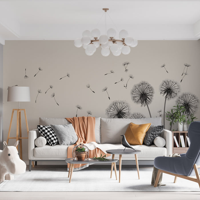Un salon lumineux avec un papier peint représentant des pissenlits en noir sur fond beige, créant une ambiance douce et poétique.
