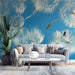 Papier peint pissenlit avec plumes délicates sur fond bleu pour salon moderne