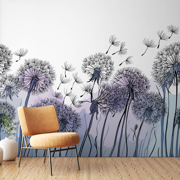 Une chambre moderne avec un papier peint floral représentant des pissenlits stylisés en nuances de violet et de bleu, créant une atmosphère douce et poétique.