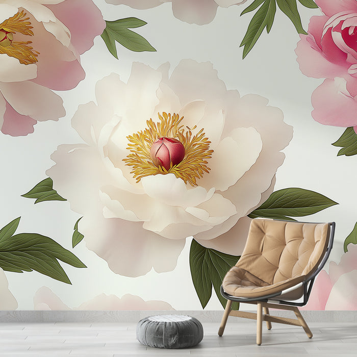 Papier peint pivoine | Élégance florale et douce lumière