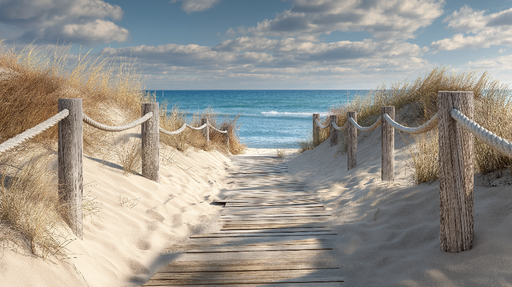 Papier peint plage Allée en bois menant à la mer turquoise sous un ciel bleu