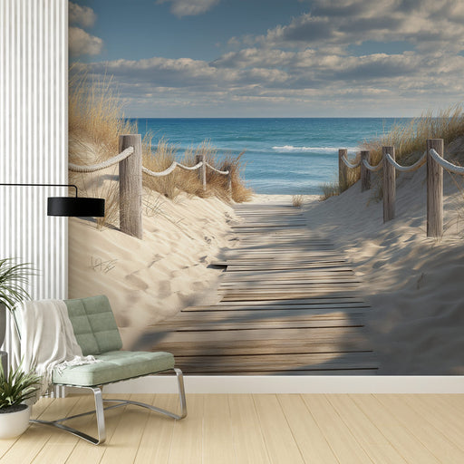 Une pièce moderne avec un papier peint représentant un chemin de sable menant à la mer, évoquant une ambiance sereine et estivale.