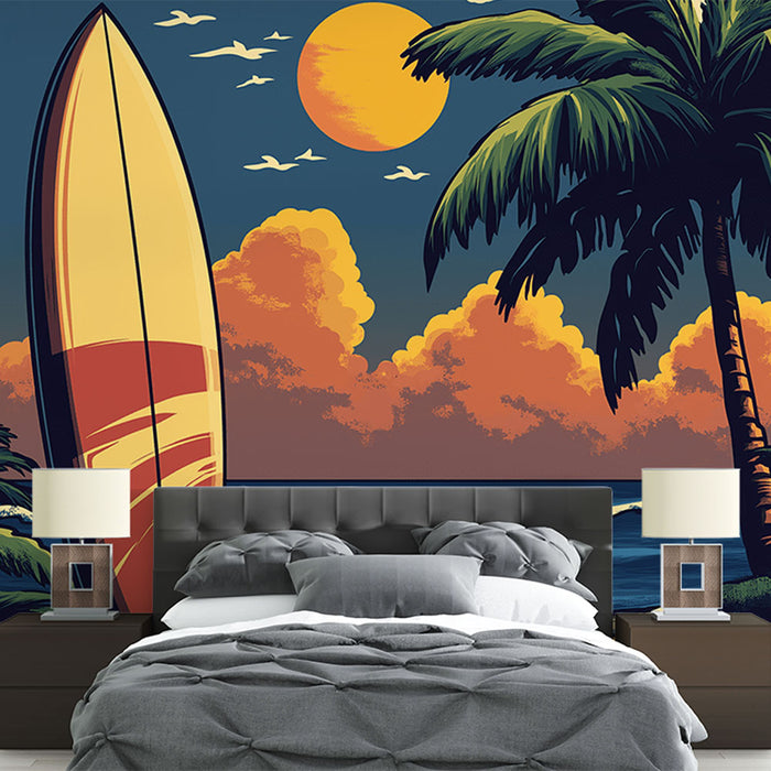 Papier peint plage | Atmosphère tropicale avec surf et palmiers
