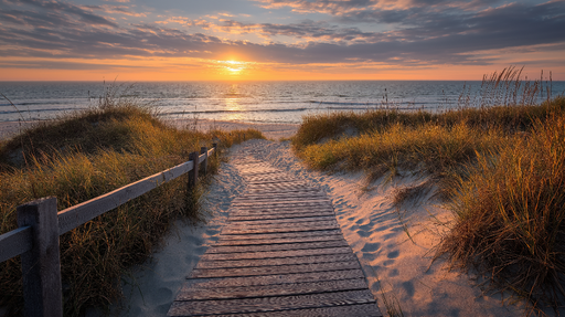 Papier peint plage au coucher de soleil Chemin de planches menant à la mer