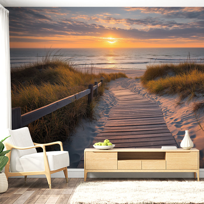 Une pièce moderne avec un papier peint représentant un chemin de planches menant à la plage au coucher de soleil, créant une ambiance sereine et apaisante.