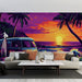 Un salon moderne avec un papier peint vibrant représentant un coucher de soleil coloré sur la plage, évoquant une ambiance tropicale et estivale.