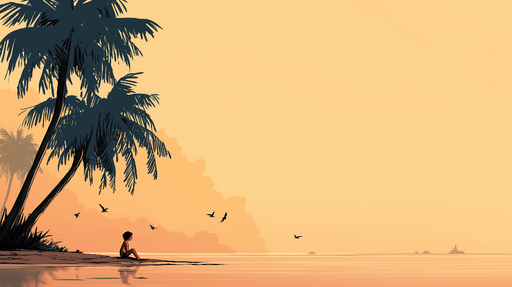 Papier peint plage au coucher de soleil Silhouette contemplative et des palmiers