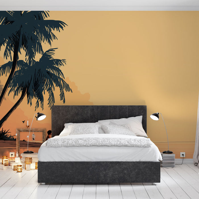 Une chambre moderne avec un papier peint représentant des palmiers en silhouette sur un fond jaune doux, créant une ambiance tropicale et chaleureuse.