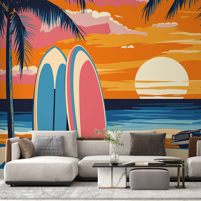 Papier peint plage au coucher de soleil | Surf et nostalgie vintage