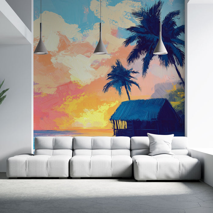 Un salon contemporain avec un papier peint artistique représentant un coucher de soleil vibrant sur la mer, agrémenté de palmiers et d'une cabane en bois, créant une ambiance tropicale et relaxante.