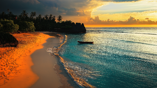 Papier peint plage au coucher de soleil Une scène tropicale apaisante avec des teintes dorées et bleues