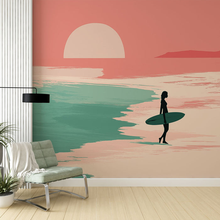 Papier peint plage au coucher du soleil | Silhouette d'une surfeuse sur une plage paisible
