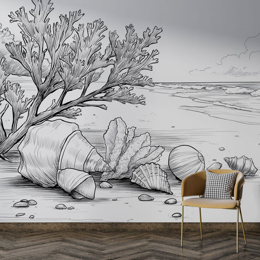 Une salle de séjour avec un papier peint illustrant des coquillages et des algues en noir et blanc, créant une atmosphère marine apaisante et artistique.