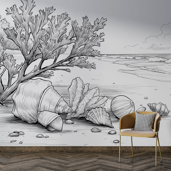 Une salle de séjour avec un papier peint illustrant des coquillages et des algues en noir et blanc, créant une atmosphère marine apaisante et artistique.