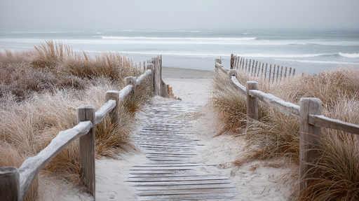 Papier peint plage brumeuse Sentier en bois menant à la mer dans une ambiance paisible