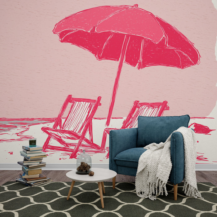 Une pièce de vie moderne avec un papier peint illustratif représentant des chaises de plage et un parasol rose sur fond pastel, créant une atmosphère estivale et relaxante.