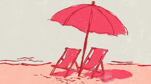 Papier peint plage Chaises longues roses sous un parasol