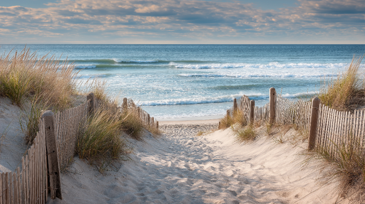 Papier peint plage Chemin de sable menant à l'océan avec dunes et végétation