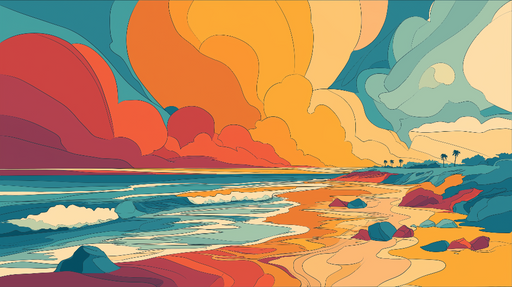 Papier peint plage coloré Coucher de soleil sur la mer avec des rochers multicolores